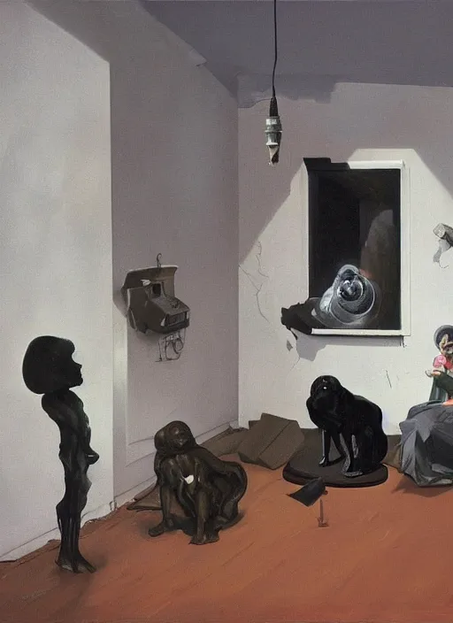 Prompt: two dark figures laughing and a black dog inside a decayed contemporary with spherical people and Oxygen tanks at flooded living room Edward Hopper and James Gilleard, Zdzislaw Beksinski, open ceiling, highly detailed, painted by Francis Bacon, painted by James Gilleard, surrealism, airbrush, Ilya Kuvshinov, WLOP, Stanley Artgerm, very coherent, art by Takato Yamamoto and James Jean