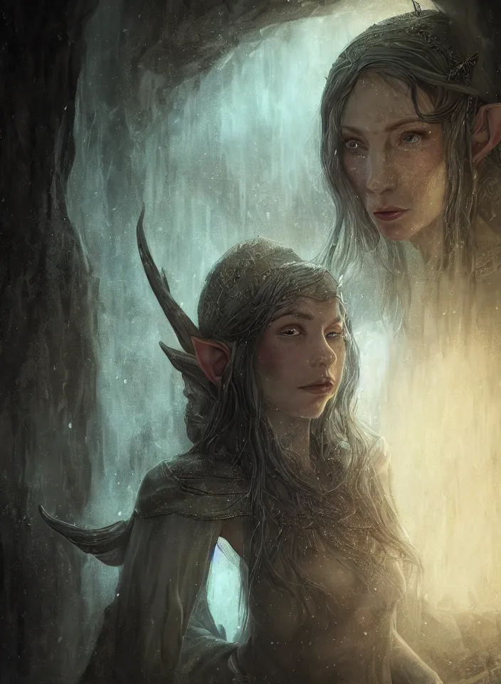 Image similar to a closeup portrait of an elven sorceress exploring an abandoned house from skyrim, fantasy setting, cold environment, serene colors, soft lighting, atmospheric, cinematic, moody, in the style of diego koi, gina heyer, luiz escanuela, art by alyssa monk, depth, hyperrealism, rule of thirds, golden ratio, oil on canvas, 8 k