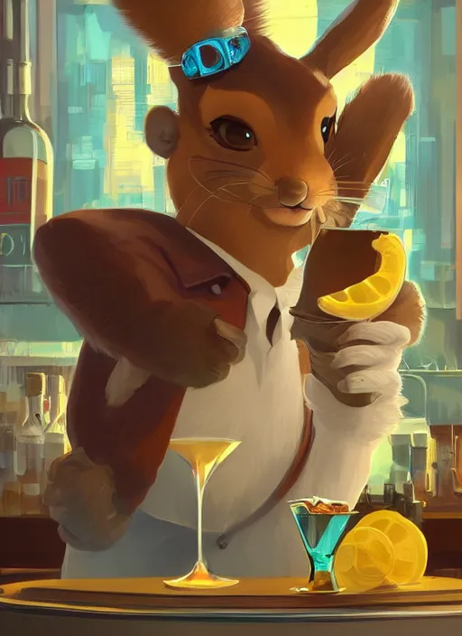 Image similar to squirrel anthro as a dapper bartender with a big, fluffy tail, retro futurism, art deco, detailed painterly digital art by WLOP and Cory Loftis, 🐿🍸🍋, furaffinity, trending on artstation