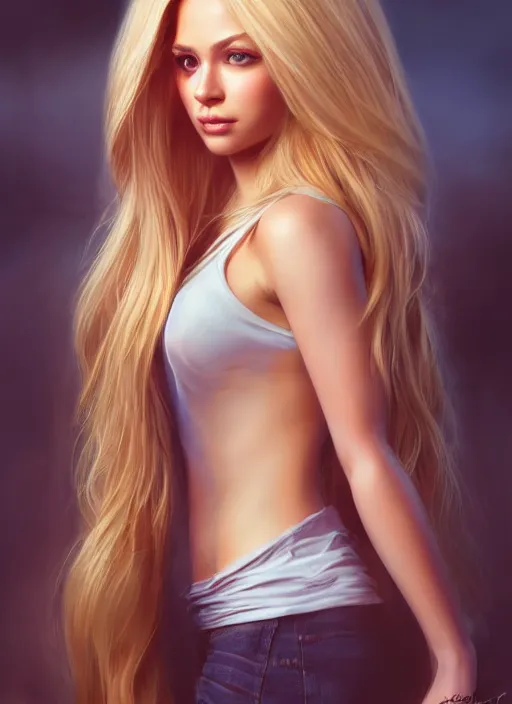 Image similar to photo of a gorgeous female with long blonde hair in the style of stefan kostic, realistic, full body shot, wide angle, sharp focus, 8 k high definition, insanely detailed, intricate, elegant, art by stanley lau and artgerm, floating embers