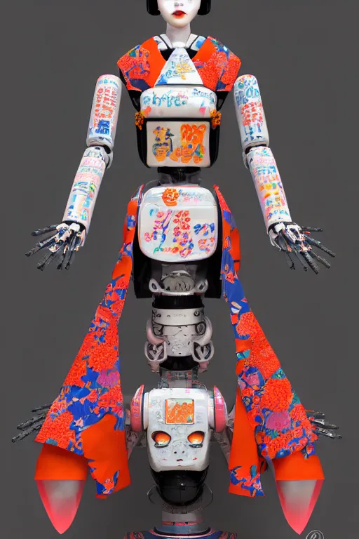 Image similar to full body portrait of a Japanese robot geisha with kanji tattoos and decals wearing a digital pixelated kimono, intricate design, photorealistic, octane render, raytraced, ultra fine detailed, character design, trending on artstation