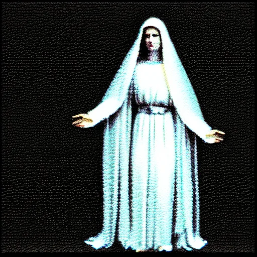 Image similar to vhs static overlay of marian apparition, vhs, 1 9 9 0, highly realistic, highly detailed, vhs noise static, black and white, vhs glitch