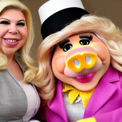 Image similar to a portrait of miss piggy smiling as sara netanyahu, neutral colors, warm, sharp