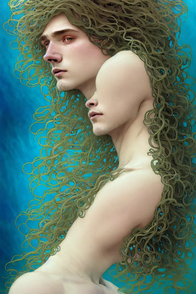 Prompt: portrait of a beautiful young fit male sea creature with long curly hairs and fish skin, dressed in fluent clothes made of seaweeds, by greg rutkowski and alphonse mucha, d & d character, gradient cyan to blue, underwater bubbles background, highly detailed portrait, digital painting, artstation, concept art, smooth, sharp focus ilustration, artstation hq