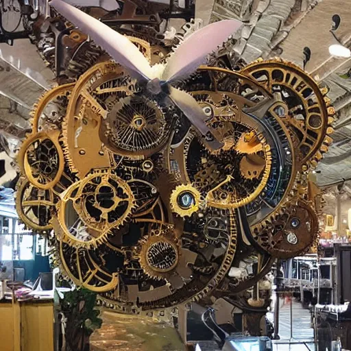 Image similar to flying steampunk city in an enormous mechanical flower