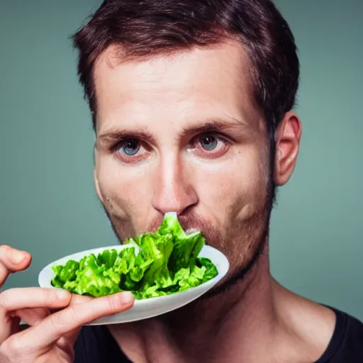 Prompt: a sad man eating salad, stock photograph, studio lighting, 4k, beautiful symmetric face, beautiful gazing eyes