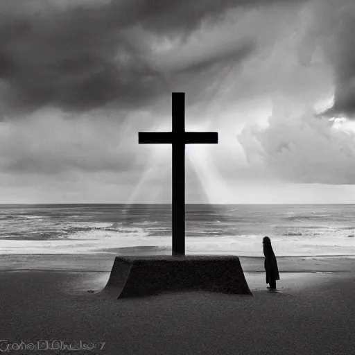 Image similar to a highly detailed black and white matte painting of a large cross standing on the beach as a storm comes in with the tide, woman sitting in the sand watching the ocean, epic fantasy, god rays, rocky beach, ultrawide lense, aerial photography, unreal engine, exquisite detail, 8 k, art by albert bierstadt and greg rutkowski and alphonse mucha