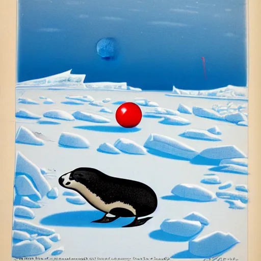 Image similar to cartoon drawing of a seal tossing a red ball with a sheep in antarctica. the seal's head is sticking out above the water and the sheep is standing near the edge of ice