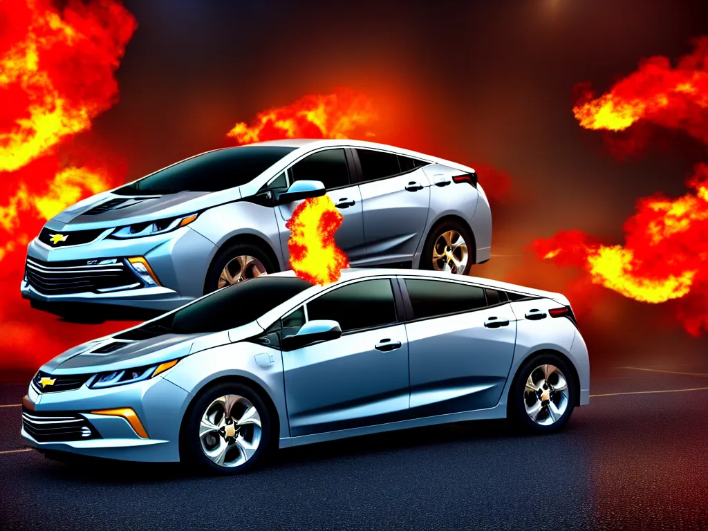 Prompt: chevy volt close up with a city street background, smoke, fi, chrome, shiny, reflective, metallic, 3 d, render, realistic, hdr, stan winston studios, dramatic lighting, flame colors bright