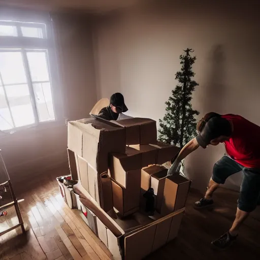 Image similar to cinematic photo of removalists moving furniture into a gingerbread house in the early morning