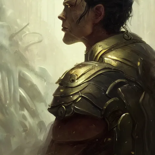 Image similar to a masculine elegant man from sideview with large shoulders, armor, and wearing golden laurel wreath, ethereal horror fantasy art by greg rutkowski and magali villanueve and monet con