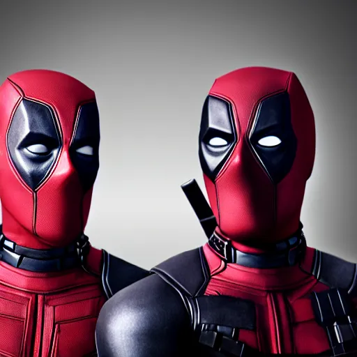 Image similar to deadpool twins but one is a robot , headshot photography, 4K 3D render, desktopography, HD Wallpaper, digital art