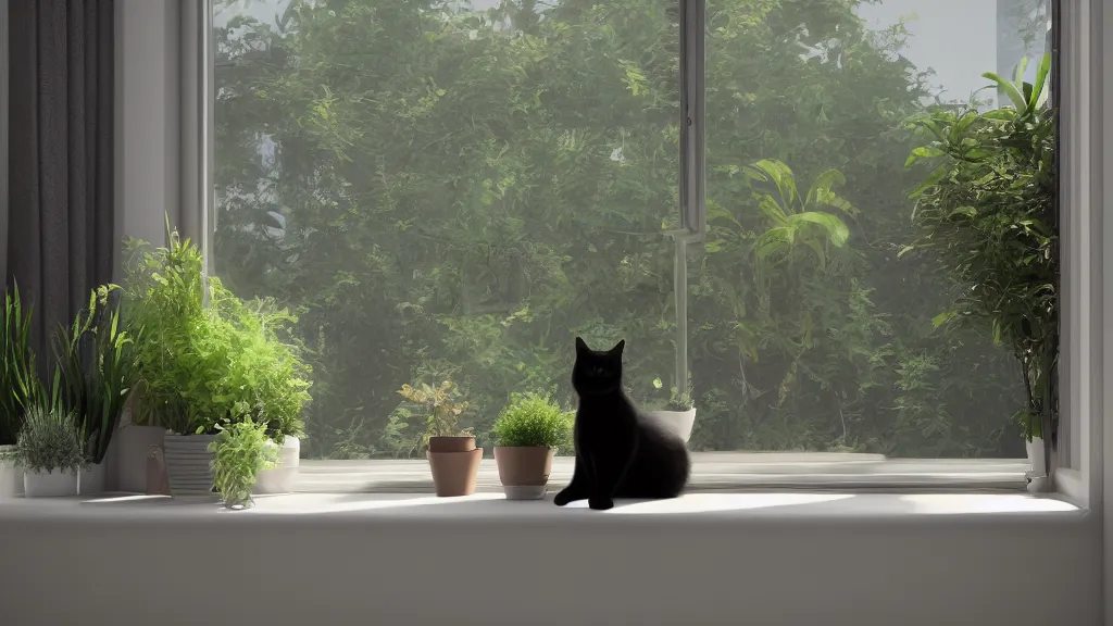 Image similar to peaceful dreamy painting of a content black cat sitting by a window and looking outside, sunshine coming through the window, small plants on the window sill, 8k, hyper realism, trending on artstation, octane render