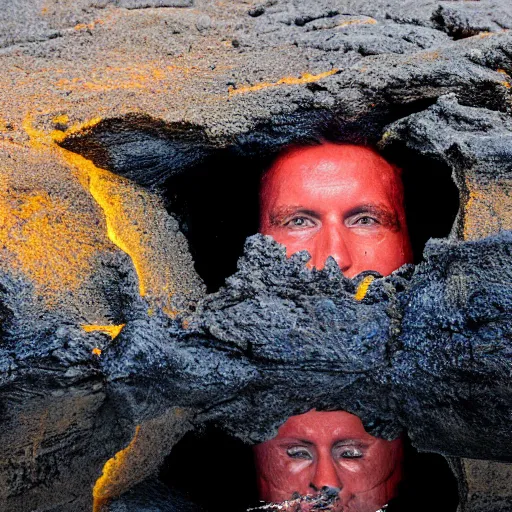 Prompt: head of walter whitr emerges from a lava lake, cave background, high detail, lava reflections, cave reflecting in the lava lake, dramatic shot