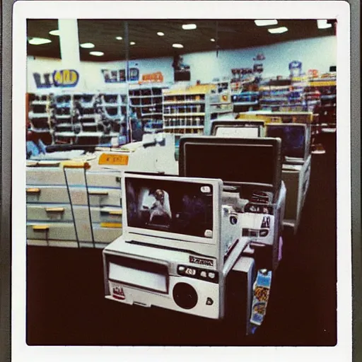 Image similar to “Walmart electronics department in 1990. Polaroid”