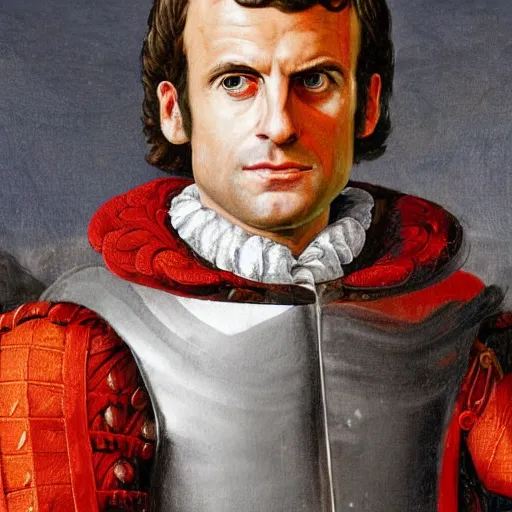 Prompt: Emmanuel macron, in Renaissance armor, high detail, realistic,