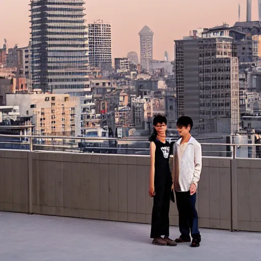 Image similar to a small rooftop with a couple of modern teenagers, standing and talking to each other, clear portrait realistic, wearing black modern clothes, modern shanghai bund is on the background, dust, sunset, by gregory crewdson, by hajime sorayama