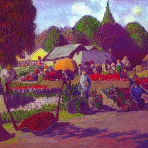 Prompt: A gnomish town with a farmer's market, matte painting, in the style of Monet, Matisse, trending on artstation