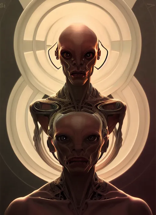 Image similar to symmetry!! portrait of grotesque alien, sci - fi, intricate, elegant, highly detailed, digital painting, artstation, concept art, smooth, sharp focus, illustration, art by artgerm and greg rutkowski and alphonse mucha, 8 k