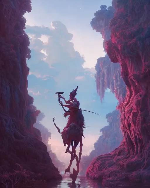 Image similar to highly detailed surreal vfx portrait of a fearless centaurs in a fairytale world, stephen bliss, unreal engine, greg rutkowski, loish, rhads, beeple, makoto shinkai and lois van baarle, ilya kuvshinov, rossdraws, tom bagshaw, alphonse mucha, global illumination, detailed and intricate environment