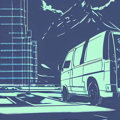 Image similar to a cyberpunk illustration of the view at grand teton national park with a white ford transit van in the background, digital art