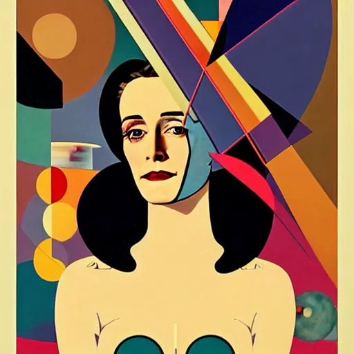 Image similar to Art by Coles Phillips, Portrait of the actress, Eva Green as Space Commander Zeta from the Year 3000, geometric art, poster, no text, Mucha, Kandinsky, indigo, teal, gold