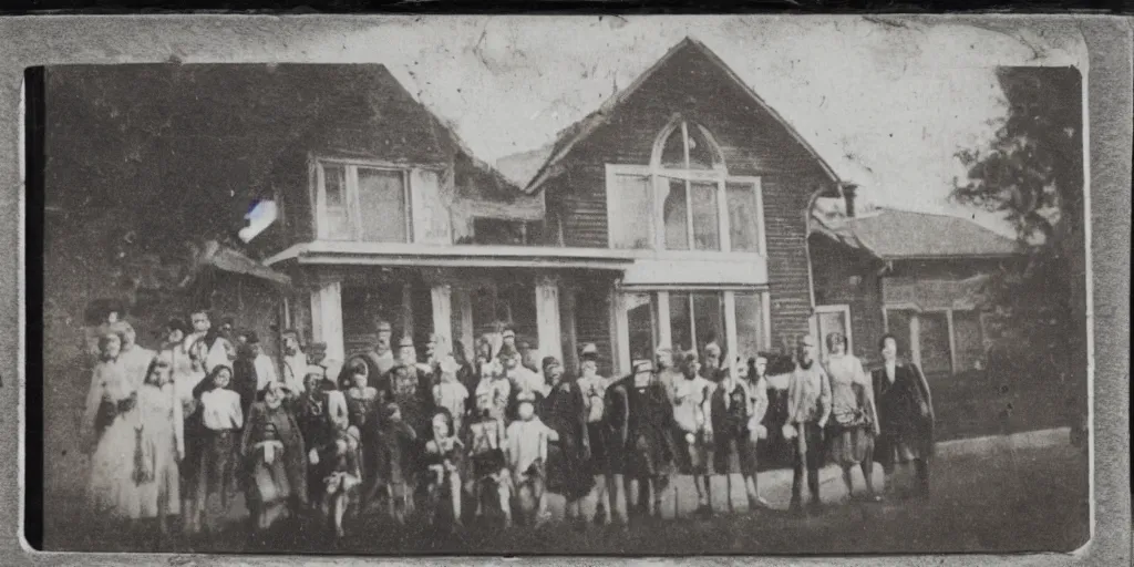 Image similar to a tintype photograph. photo of a group of people in front of the town hall house of the village and a small face of a ghost in the window of the house