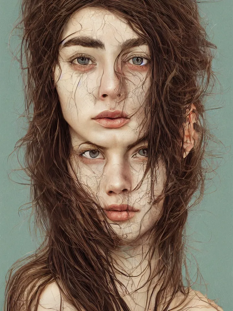 Prompt: Portrait photograph of young woman with dark brown hair, hyper-detailed face, hyperrealism, symmetrical face, natural colors, illustrated by Daniel Orive, Sam Spratt, Loish