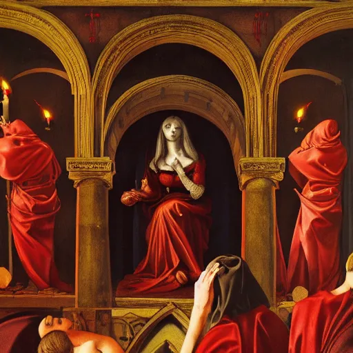 Image similar to the goddess of blood in silk robes of blood, cultists watching, red hoods, candle lights, renaissance, baroque, gothic, high detail, dark lighting, atmospheric, extremely detailed, intricate, smooth, da vinci, michelangelo, caravaggio, 8 k