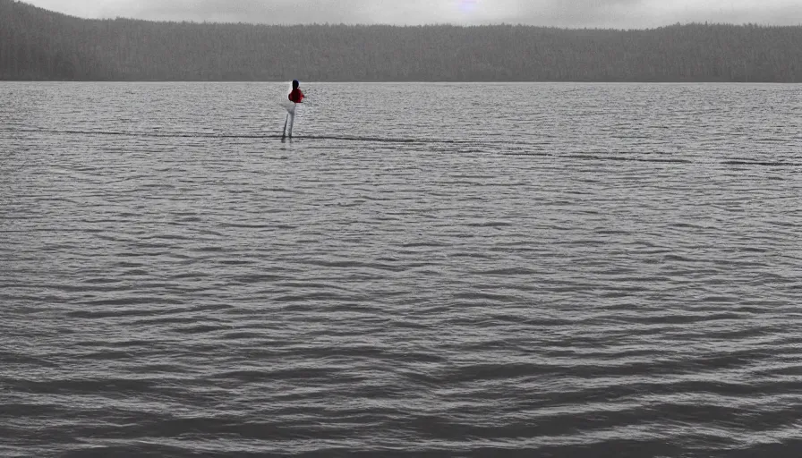 Image similar to photograph of an infinitely long rope floating on the surface of the water, the rope is snaking from the foreground towards the center of the lake, a dark lake on a cloudy day, anamorphic lens, kodak color film stock