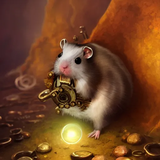 Prompt: oil painting of anthropomorphized hamster holding shiny gem, steampunk clothes, close shot, full body, dark steampunk mine shaft background, sharp focus, fantasy style, octane render, volumetric lighting, 8k high definition, by greg rutkowski, highly detailed, trending on art Station, dungeons and dragons artwork, centered