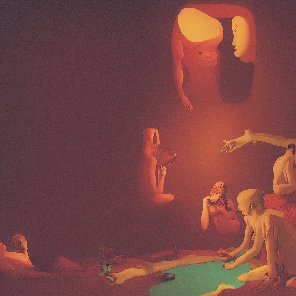 Image similar to close up portrait of a man and woman having fun with lsd and magic mushrooms by kawase hasui, moebius, Edward Hopper and James Gilleard, Zdzislaw Beksinski, Steven Outram, 8k, volumetric lighting, artstation