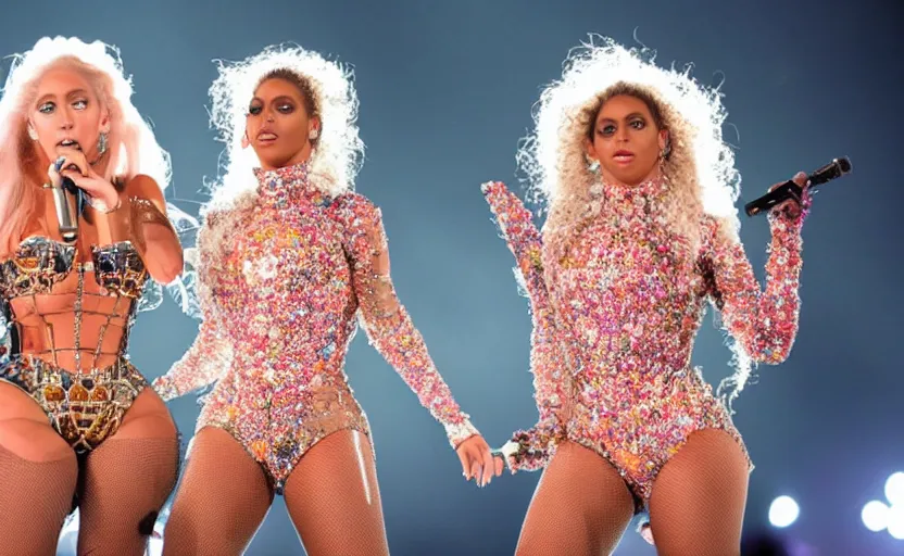 Image similar to IMG_975.raw, lady gaga and beyonce perform together at a concert ,beautiful composition, alexander mcqueen, colourful , 50mm f1.8, ambient light,