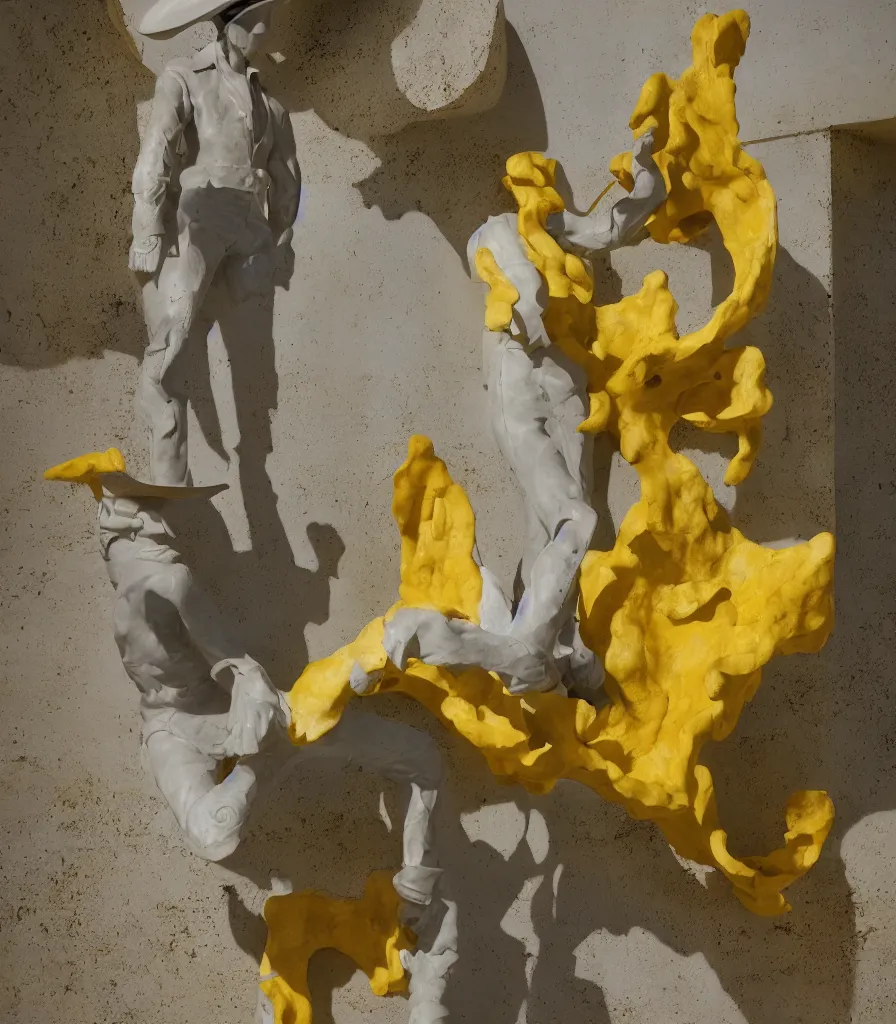 Image similar to a cowboy turning into blooms by slim aarons, by zhang kechun, by lynda benglis. tropical sea slugs, brutalist monumental angular sharp tractor tires. complementary colors. warm soft volumetric dramatic light. national geographic. 8 k, rendered in octane, smooth gradients. sculpture by antonio canova. yellow accents.