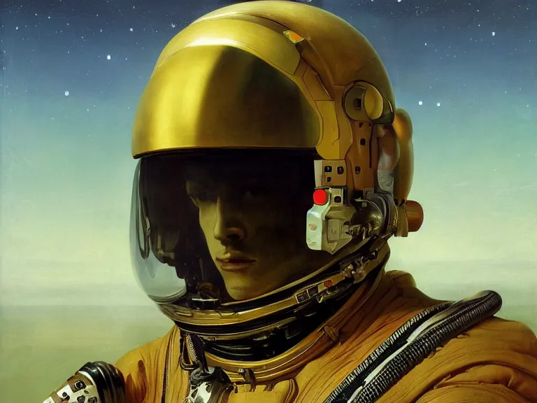 Prompt: a detailed profile oil painting of pilot in a spacesuit with reflective visor, flight suit, portrait symmetrical and science fiction theme with aurora lighting by beksinski carl spitzweg and tuomas korpi. baroque elements, full-length view. baroque element. intricate artwork by caravaggio. Trending on artstation. 8k