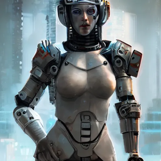 Prompt: An epic fantastic realism comic book style portrait painting of a female cyber warrior, dieselpunk armor, white hair korean, porcelain pale skin, cyberpunk color raining tokyo everywhere, Concept world Art, unreal 5, DAZ, hyperrealistic, octane render, cosplay, RPG portrait, dynamic lighting