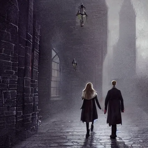 Image similar to harry potter and hermione hand in hand walking in hogwarts yard, elves around, lovely, lightly dark theme, harry potter theme, by greg rutkowski, trending on artstation