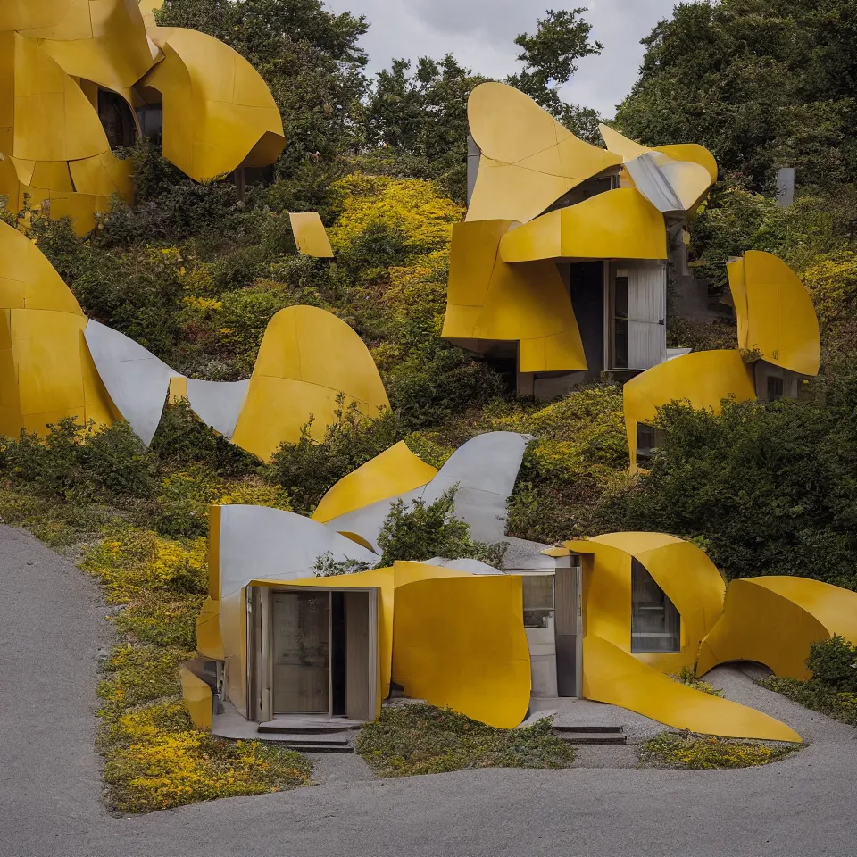 Image similar to a tiny flat house, designed by Frank Gehry. Tiles. Gravel pathway with parking. Film grain, cinematic, yellow hue