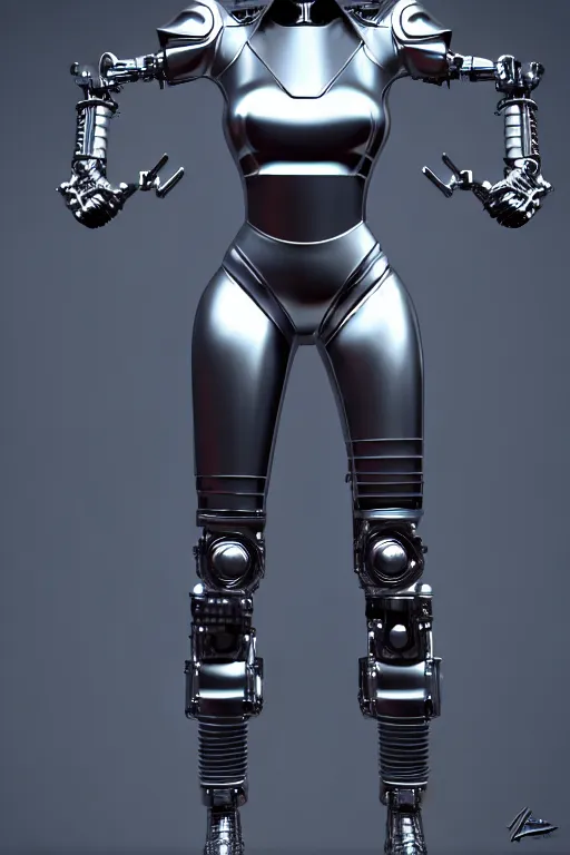 Image similar to female chrome futuristic cyborg with curved metal horns, chrome motorcycle parts, full body, machine background, 3d render, octane, 8k, volumetric lighting, hyper-realistic, dark fantasy, diffuse lighting, intricate, highly detailed, lifelike, photorealistic, digital painting, trending on artstation, smooth, sharp focus, art by John Collier and Albert Aublet and Krenz Cushart and Artem Demura and Alphonse Mucha