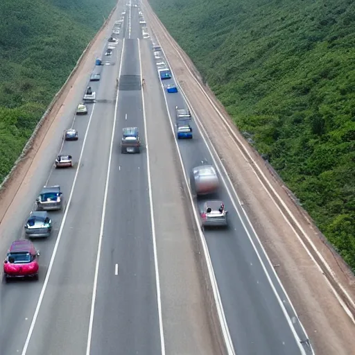 Prompt: a massive highway, infinite lanes, huge traffic jam, in the middle of nowhere