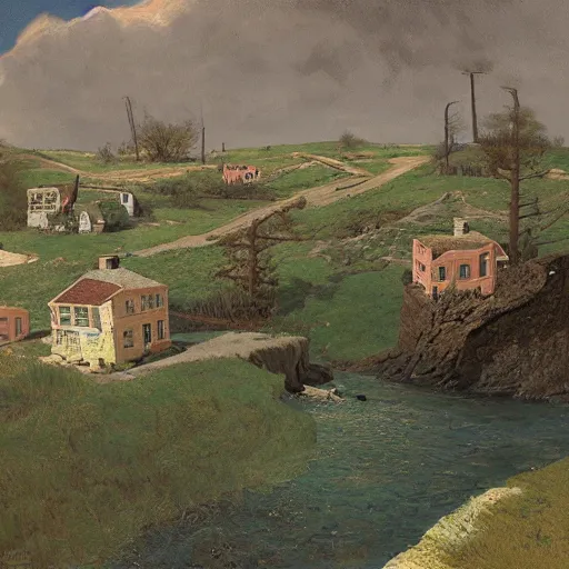 Image similar to The Village on the Cliff, beautiful, by Scott Listfield