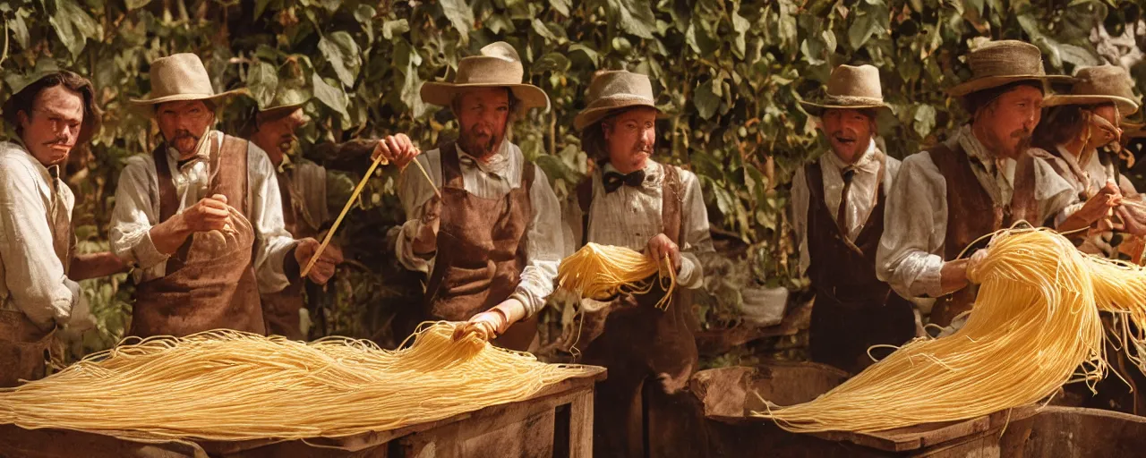 Image similar to harvesting spaghetti during the gold rush, hyper - realistic faces, intricate, sigma 5 0 mm, cinematic lighting, photography, wes anderson, film, kodachrome