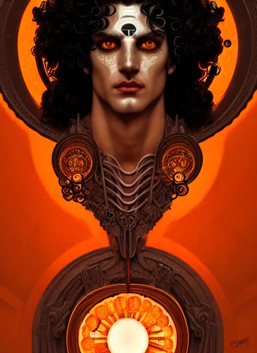 Prompt: portrait of greek god ares, black curly hair, glowing eyes, volumetric lights, face ornament, orange scheme, art nouveau botanicals, gothic, intricate, highly detailed, digital painting, artstation, concept art, smooth, sharp focus, symmetric face, illustration, steampunk, art by artgerm and greg rutkowski and alphonse mucha