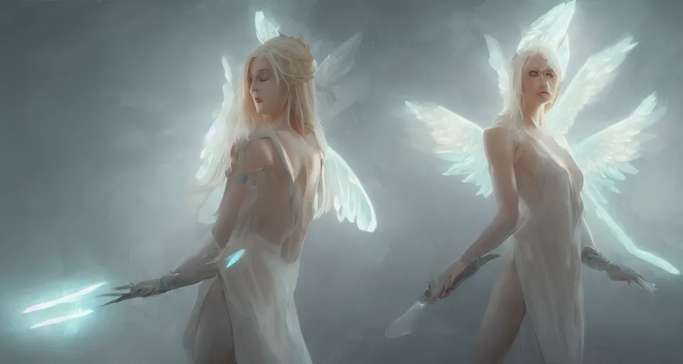 Image similar to blonde fantasy goddess, white elegant clothing, glowing aura, angel wings, artstation, 4 k, greg rutkowski, concept art, matte painting