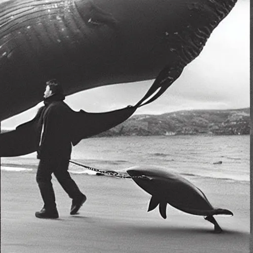 Prompt: “A photo of a man walking a whale on a leash like a dog”