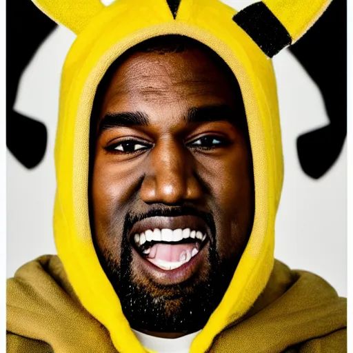 Image similar to Kanye West in a yellow pikachu! hoody, Studio Photograph, portrait C 12.0