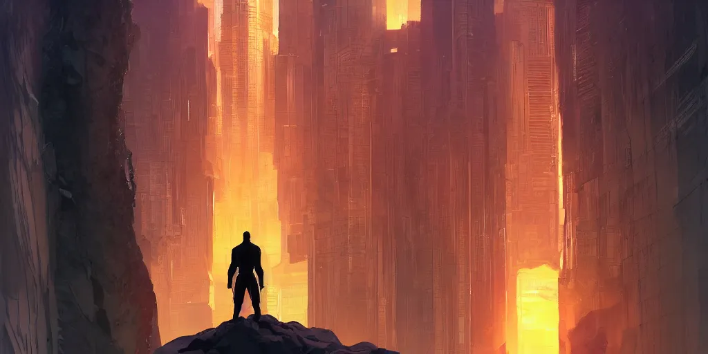 Prompt: giantic orange glowing humanoid standing next a skyscraper of the same size, with thousands of floors and bright yellow windows inside a dark cavern, in the Style of Artgerm and Charlie Bowater and Atey Ghailan and Mike Mignola, hard shadows and strong rim light, Comic Cover Art