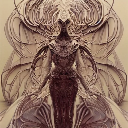 Image similar to a creature from a parallel universe by alexander mcqueen, zdzisław beksinski and alphonse mucha. highly detailed, hyper - real, very beautiful, intricate fractal details, very complex, opulent, epic, mysterious, trending on deviantart and artstation, polished and minimalist redesign by zaha hadid and iris van herpen