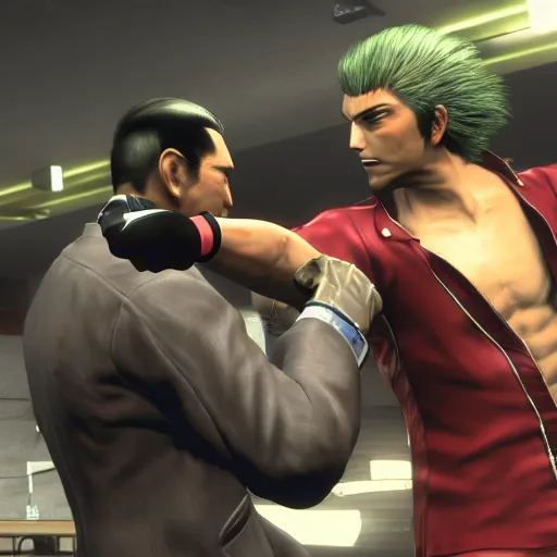 Prompt: Kazuma Kiryu from Yakuza and Senator Armstrong from Metal Gear Rising fights each other with their fists, highly detailed, photorealistic, cinematic lighting,