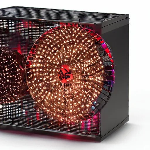 Image similar to a large box made out of flesh, skin, done, clumps of hair, lights, led, computer, spinning fan,
